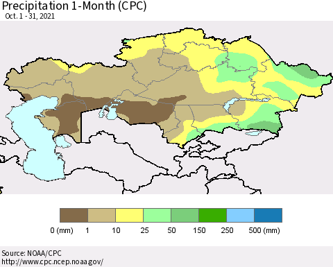 Kazakhstan Precipitation 1-Month (CPC) Thematic Map For 10/1/2021 - 10/31/2021