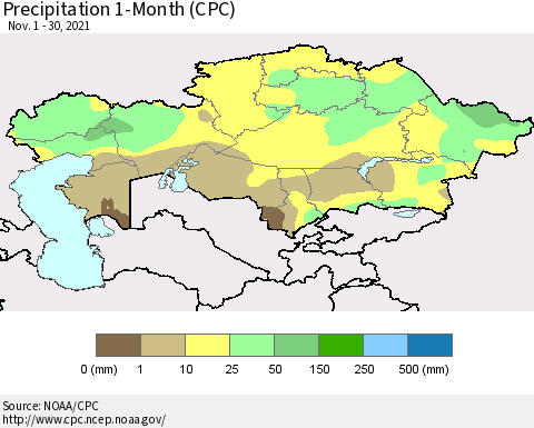 Kazakhstan Precipitation 1-Month (CPC) Thematic Map For 11/1/2021 - 11/30/2021