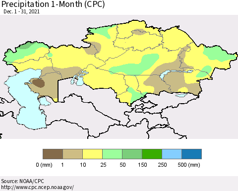 Kazakhstan Precipitation 1-Month (CPC) Thematic Map For 12/1/2021 - 12/31/2021