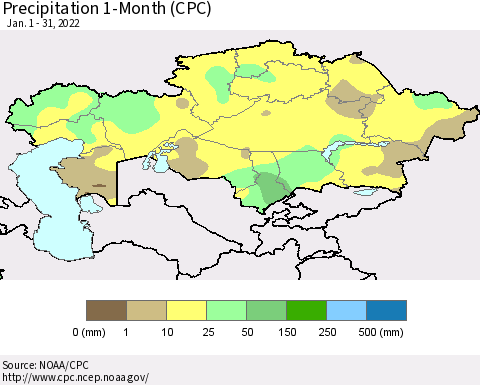 Kazakhstan Precipitation 1-Month (CPC) Thematic Map For 1/1/2022 - 1/31/2022