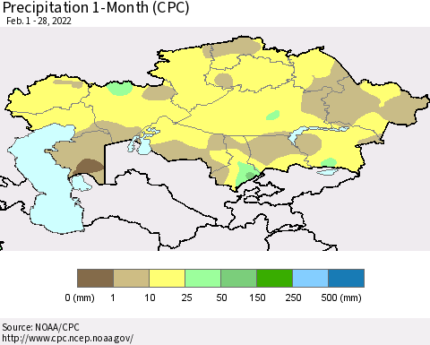 Kazakhstan Precipitation 1-Month (CPC) Thematic Map For 2/1/2022 - 2/28/2022