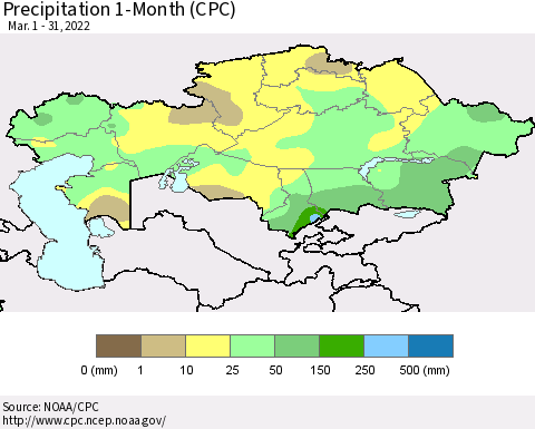 Kazakhstan Precipitation 1-Month (CPC) Thematic Map For 3/1/2022 - 3/31/2022