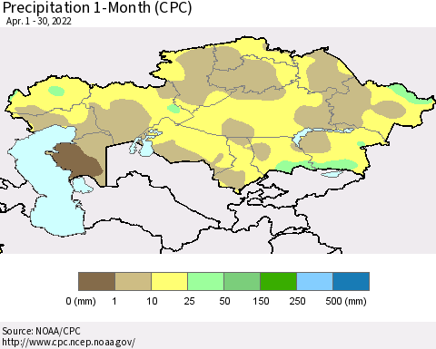 Kazakhstan Precipitation 1-Month (CPC) Thematic Map For 4/1/2022 - 4/30/2022
