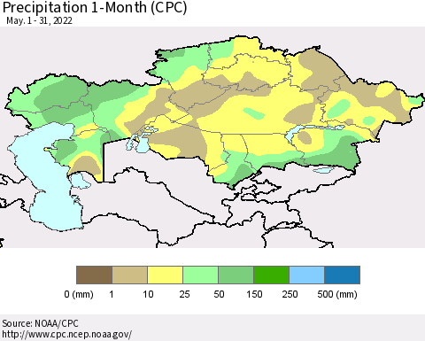 Kazakhstan Precipitation 1-Month (CPC) Thematic Map For 5/1/2022 - 5/31/2022