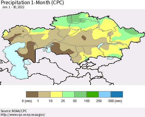 Kazakhstan Precipitation 1-Month (CPC) Thematic Map For 6/1/2022 - 6/30/2022