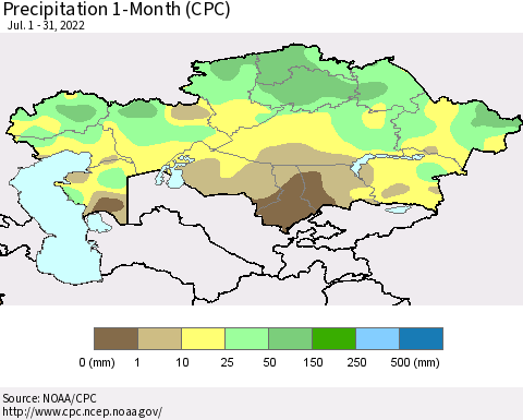 Kazakhstan Precipitation 1-Month (CPC) Thematic Map For 7/1/2022 - 7/31/2022