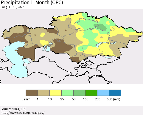 Kazakhstan Precipitation 1-Month (CPC) Thematic Map For 8/1/2022 - 8/31/2022