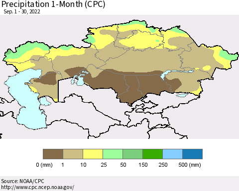 Kazakhstan Precipitation 1-Month (CPC) Thematic Map For 9/1/2022 - 9/30/2022