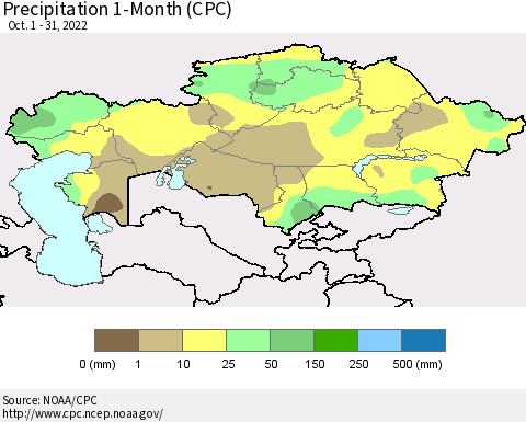 Kazakhstan Precipitation 1-Month (CPC) Thematic Map For 10/1/2022 - 10/31/2022
