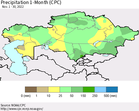Kazakhstan Precipitation 1-Month (CPC) Thematic Map For 11/1/2022 - 11/30/2022
