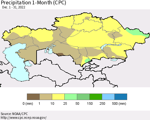 Kazakhstan Precipitation 1-Month (CPC) Thematic Map For 12/1/2022 - 12/31/2022