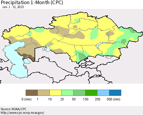 Kazakhstan Precipitation 1-Month (CPC) Thematic Map For 1/1/2023 - 1/31/2023