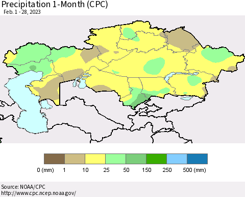 Kazakhstan Precipitation 1-Month (CPC) Thematic Map For 2/1/2023 - 2/28/2023