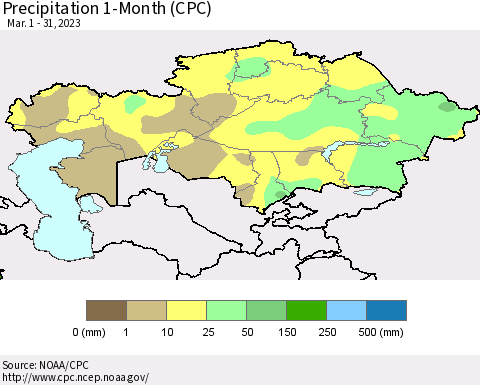 Kazakhstan Precipitation 1-Month (CPC) Thematic Map For 3/1/2023 - 3/31/2023
