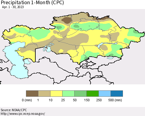 Kazakhstan Precipitation 1-Month (CPC) Thematic Map For 4/1/2023 - 4/30/2023