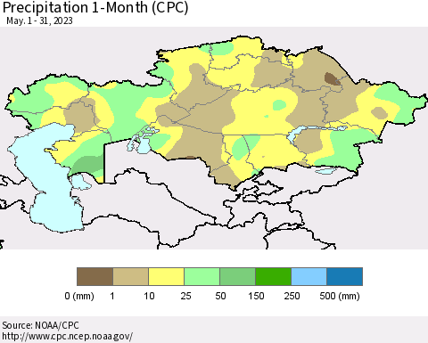 Kazakhstan Precipitation 1-Month (CPC) Thematic Map For 5/1/2023 - 5/31/2023