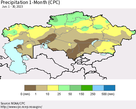 Kazakhstan Precipitation 1-Month (CPC) Thematic Map For 6/1/2023 - 6/30/2023