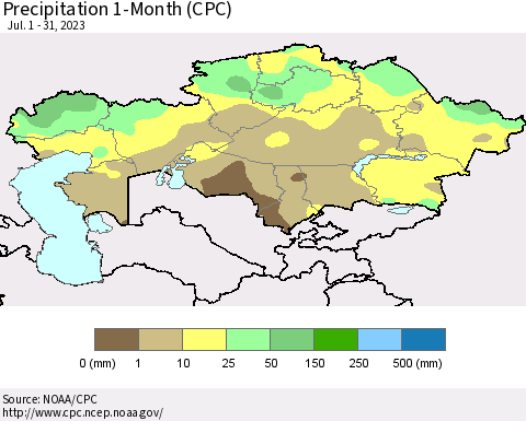 Kazakhstan Precipitation 1-Month (CPC) Thematic Map For 7/1/2023 - 7/31/2023