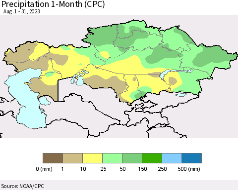 Kazakhstan Precipitation 1-Month (CPC) Thematic Map For 8/1/2023 - 8/31/2023