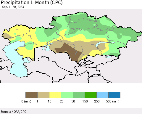 Kazakhstan Precipitation 1-Month (CPC) Thematic Map For 9/1/2023 - 9/30/2023