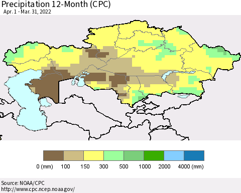 Kazakhstan Precipitation 12-Month (CPC) Thematic Map For 4/1/2021 - 3/31/2022