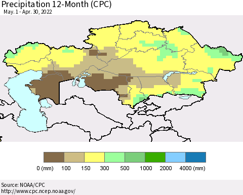 Kazakhstan Precipitation 12-Month (CPC) Thematic Map For 5/1/2021 - 4/30/2022