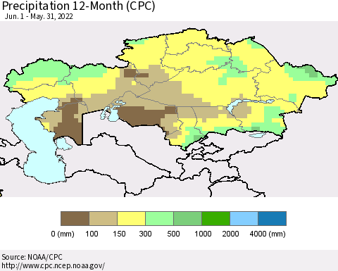 Kazakhstan Precipitation 12-Month (CPC) Thematic Map For 6/1/2021 - 5/31/2022