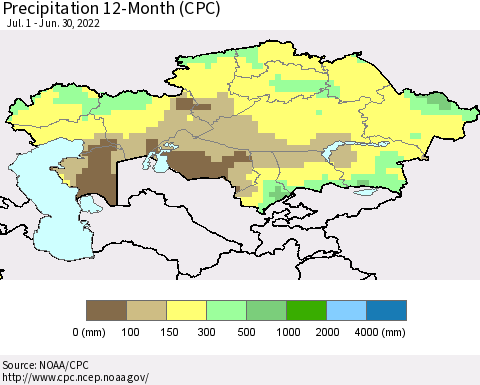 Kazakhstan Precipitation 12-Month (CPC) Thematic Map For 7/1/2021 - 6/30/2022