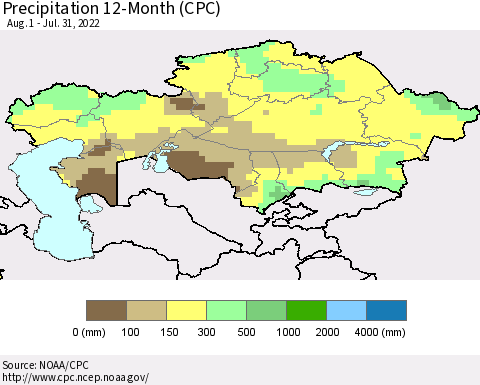Kazakhstan Precipitation 12-Month (CPC) Thematic Map For 8/1/2021 - 7/31/2022