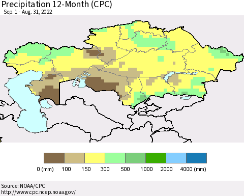 Kazakhstan Precipitation 12-Month (CPC) Thematic Map For 9/1/2021 - 8/31/2022