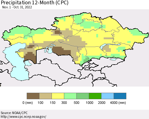 Kazakhstan Precipitation 12-Month (CPC) Thematic Map For 11/1/2021 - 10/31/2022