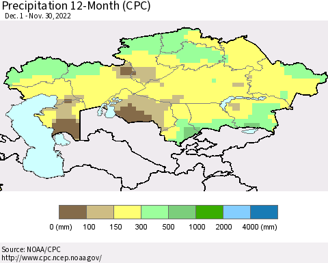 Kazakhstan Precipitation 12-Month (CPC) Thematic Map For 12/1/2021 - 11/30/2022