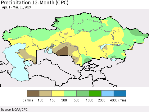 Kazakhstan Precipitation 12-Month (CPC) Thematic Map For 4/1/2023 - 3/31/2024
