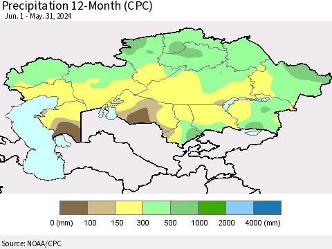Kazakhstan Precipitation 12-Month (CPC) Thematic Map For 6/1/2023 - 5/31/2024