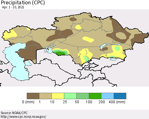 Kazakhstan Precipitation (CPC) Thematic Map For 4/1/2021 - 4/10/2021