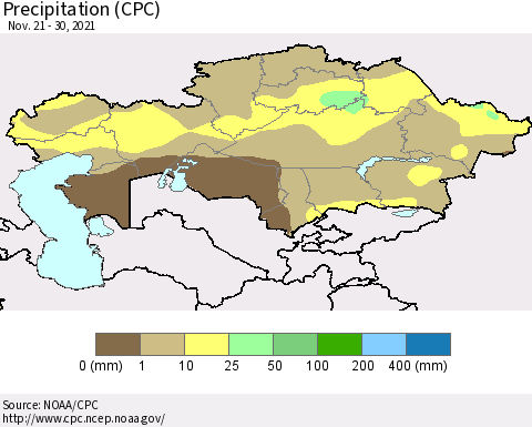 Kazakhstan Precipitation (CPC) Thematic Map For 11/21/2021 - 11/30/2021