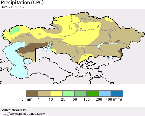 Kazakhstan Precipitation (CPC) Thematic Map For 12/21/2021 - 12/31/2021