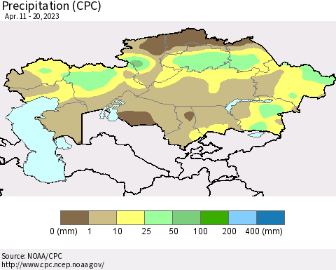 Kazakhstan Precipitation (CPC) Thematic Map For 4/11/2023 - 4/20/2023