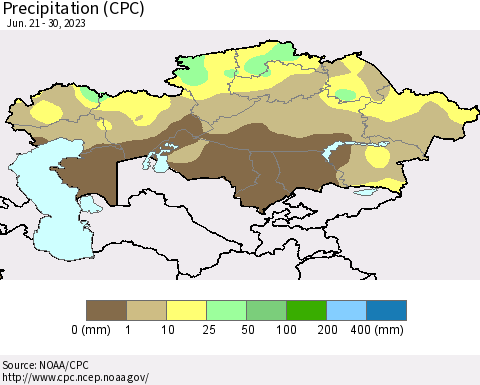 Kazakhstan Precipitation (CPC) Thematic Map For 6/21/2023 - 6/30/2023