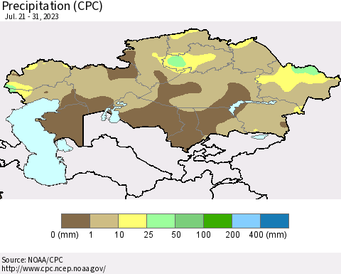 Kazakhstan Precipitation (CPC) Thematic Map For 7/21/2023 - 7/31/2023