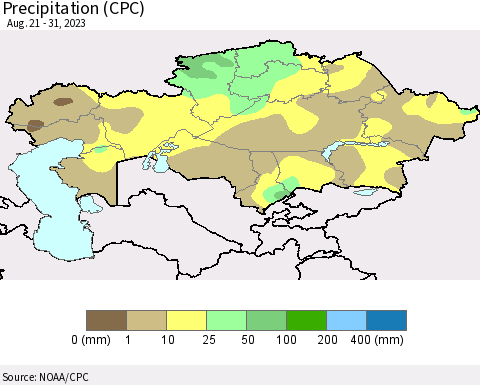 Kazakhstan Precipitation (CPC) Thematic Map For 8/21/2023 - 8/31/2023