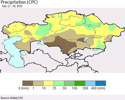 Kazakhstan Precipitation (CPC) Thematic Map For 9/11/2023 - 9/20/2023