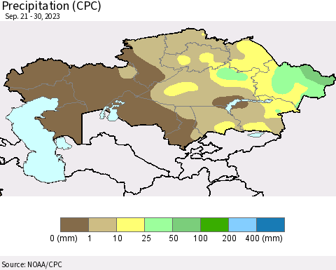 Kazakhstan Precipitation (CPC) Thematic Map For 9/21/2023 - 9/30/2023