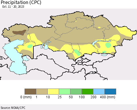 Kazakhstan Precipitation (CPC) Thematic Map For 10/11/2023 - 10/20/2023