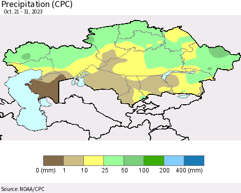 Kazakhstan Precipitation (CPC) Thematic Map For 10/21/2023 - 10/31/2023