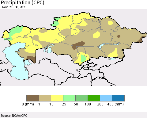 Kazakhstan Precipitation (CPC) Thematic Map For 11/21/2023 - 11/30/2023
