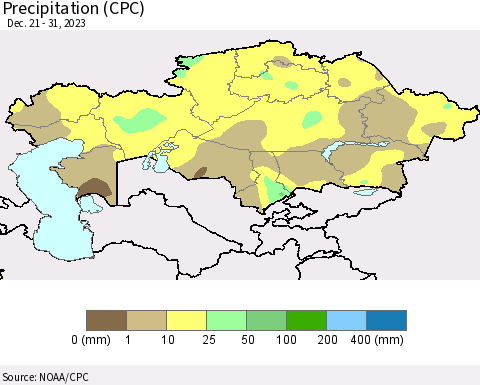 Kazakhstan Precipitation (CPC) Thematic Map For 12/21/2023 - 12/31/2023
