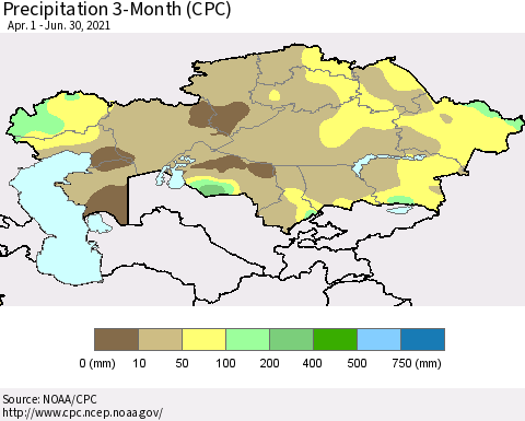 Kazakhstan Precipitation 3-Month (CPC) Thematic Map For 4/1/2021 - 6/30/2021