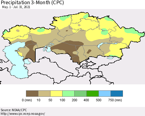 Kazakhstan Precipitation 3-Month (CPC) Thematic Map For 5/1/2021 - 7/31/2021