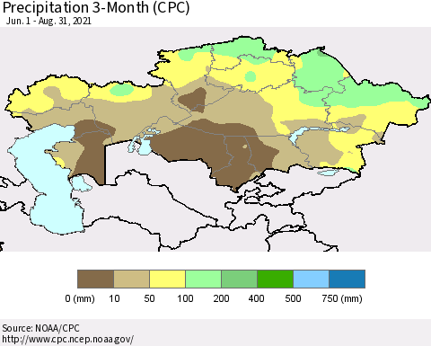 Kazakhstan Precipitation 3-Month (CPC) Thematic Map For 6/1/2021 - 8/31/2021